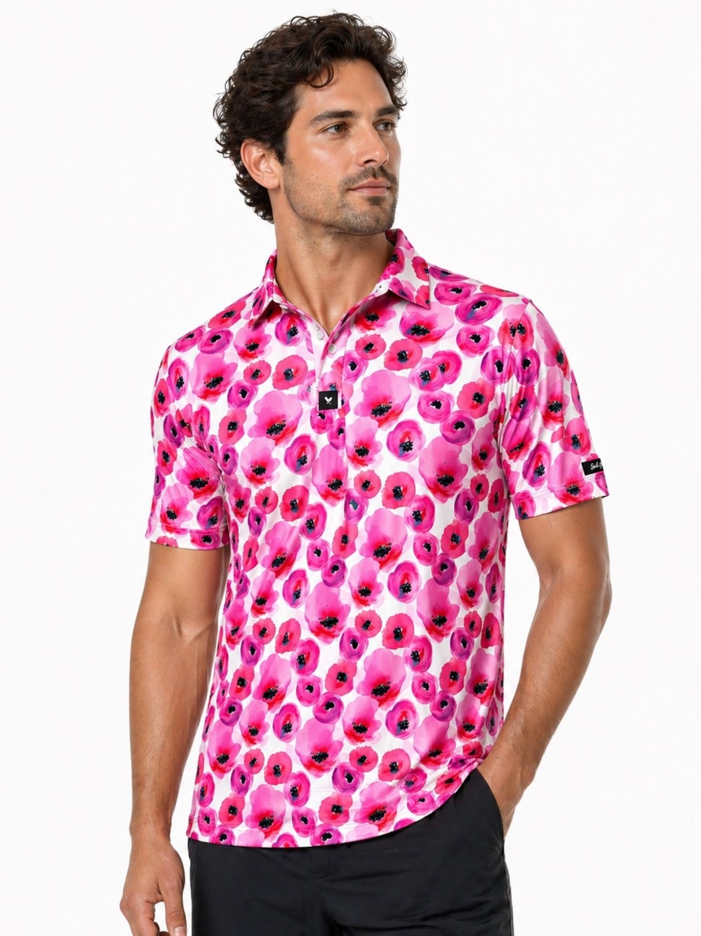 Bad Birdie Core Performance Golf Polo Shirt Bouquet Floral Pink Large